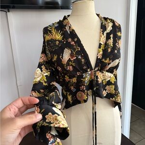 ZARA Floral Tie-Front Crop Top – Long Sleeve | NWT